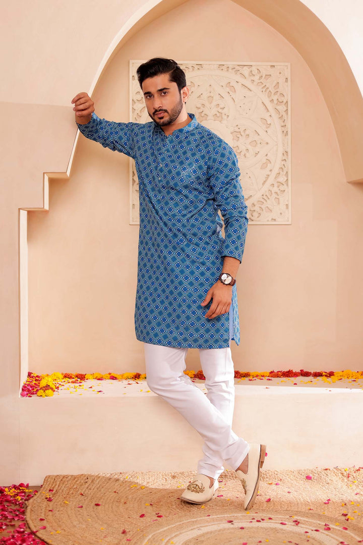 Blue Patola Print Silk Kurta Suit.