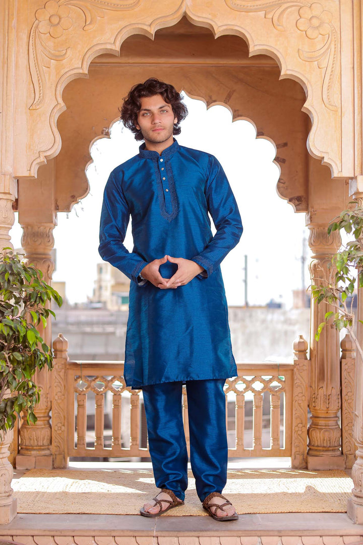 Midnight Blue Dupion Silk Kurt Suit.