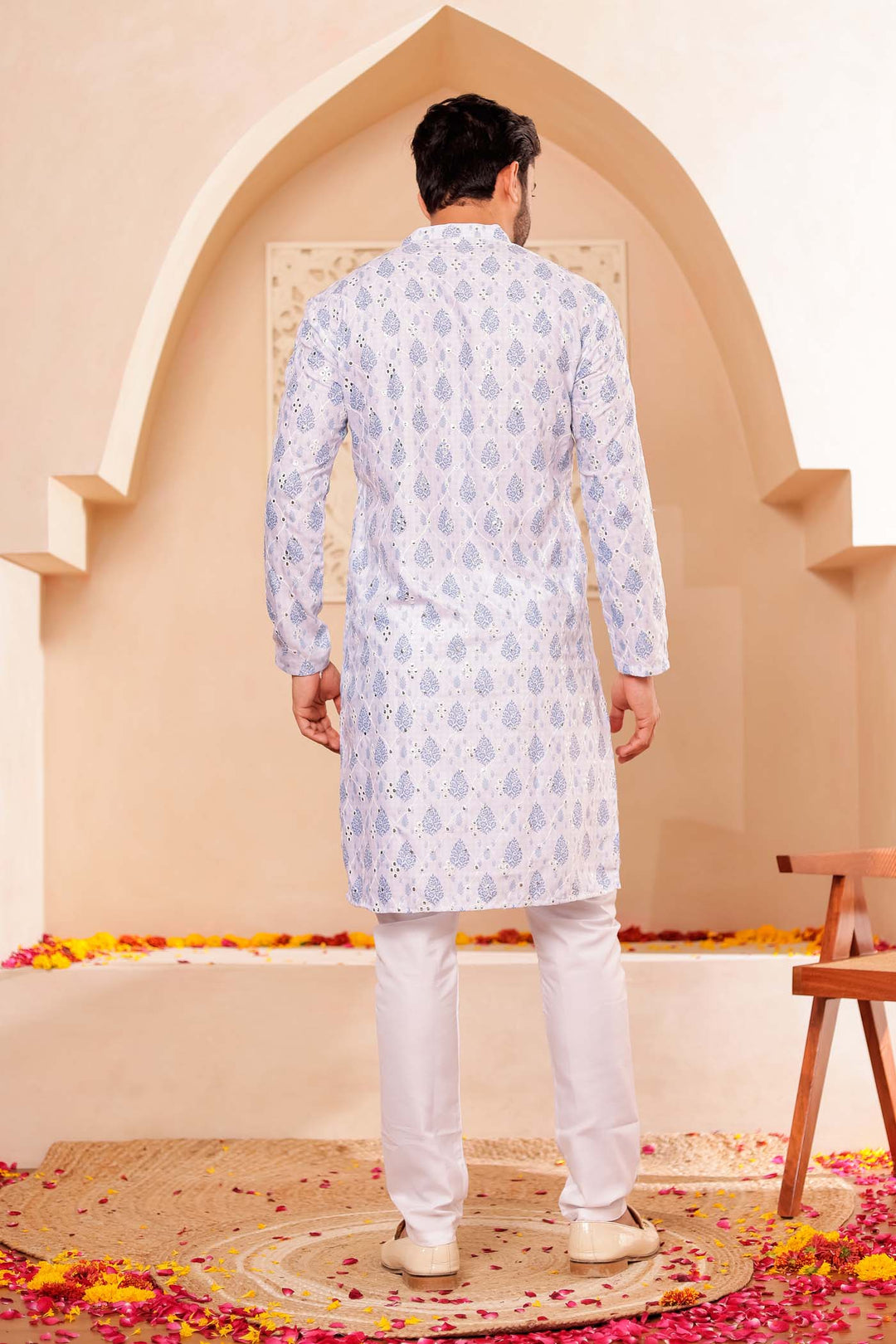 White-Blue Soft Silk Mens Kurta Suit with Mirror Work.