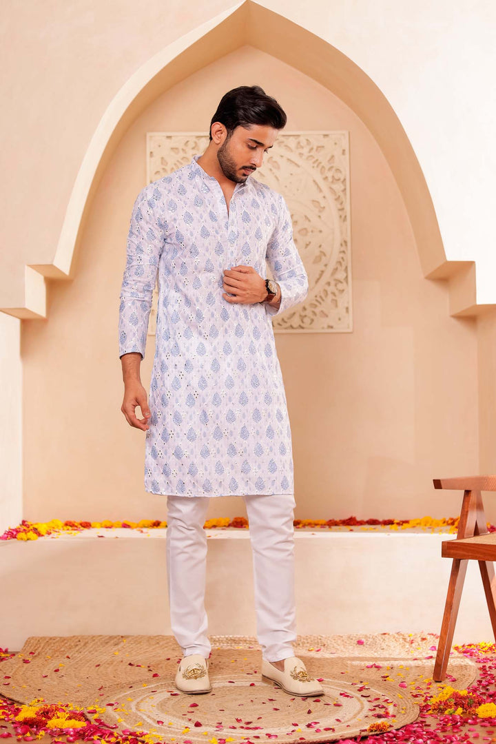 White-Blue Soft Silk Mens Kurta Suit with Mirror Work.