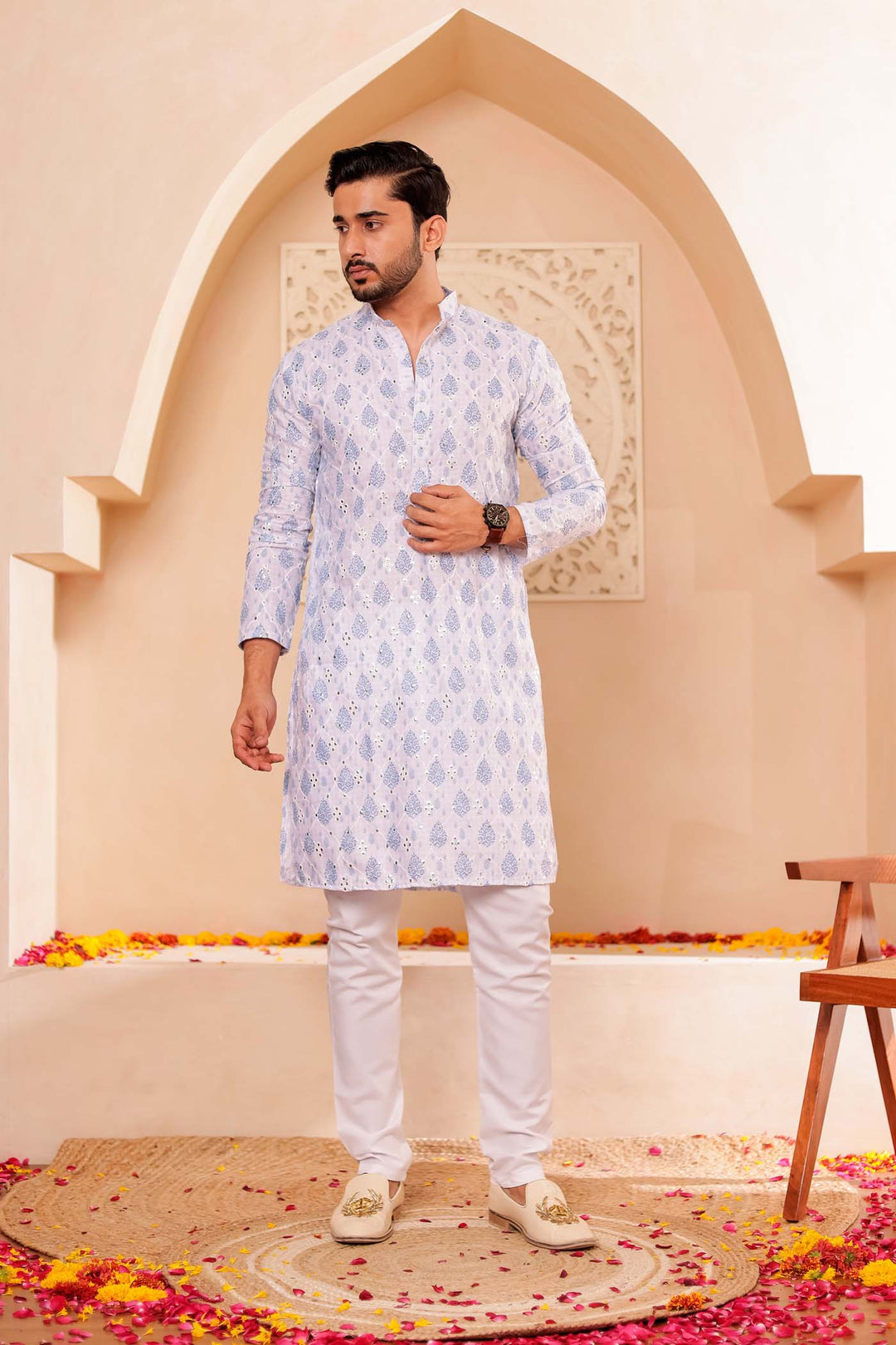 White-Blue Soft Silk Mens Kurta Suit with Mirror Work.