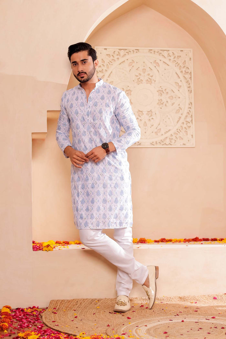 White-Blue Soft Silk Mens Kurta Suit with Mirror Work.