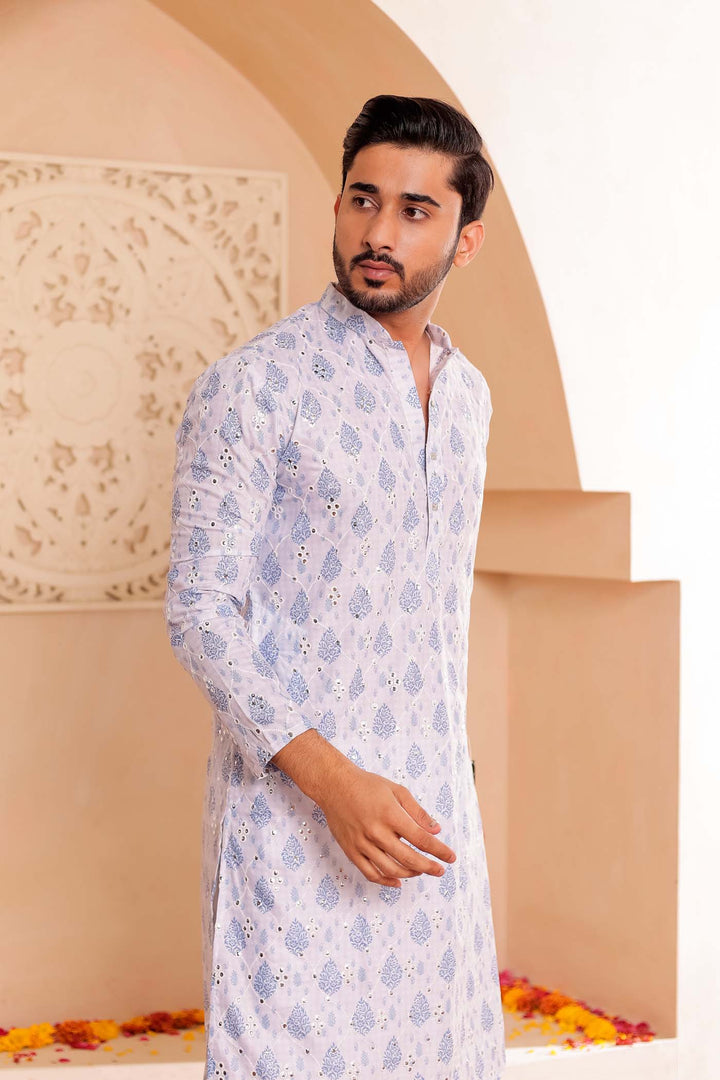 White-Blue Soft Silk Mens Kurta Suit with Mirror Work.