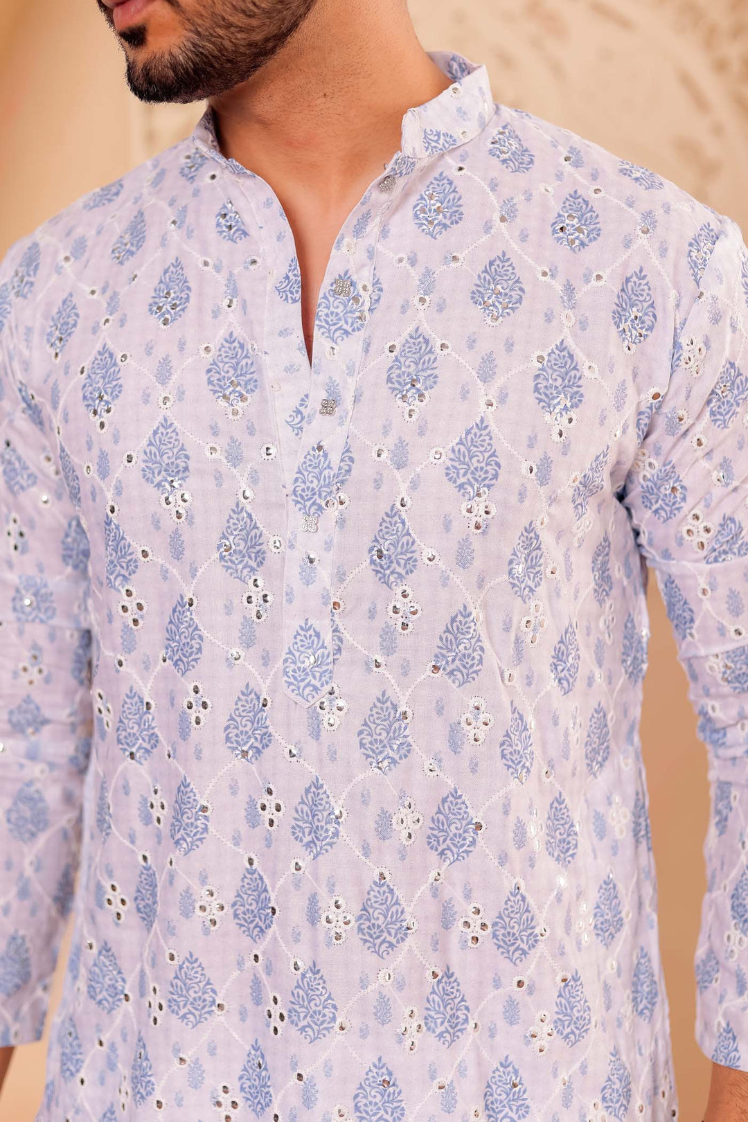 White-Blue Soft Silk Mens Kurta Suit with Mirror Work.