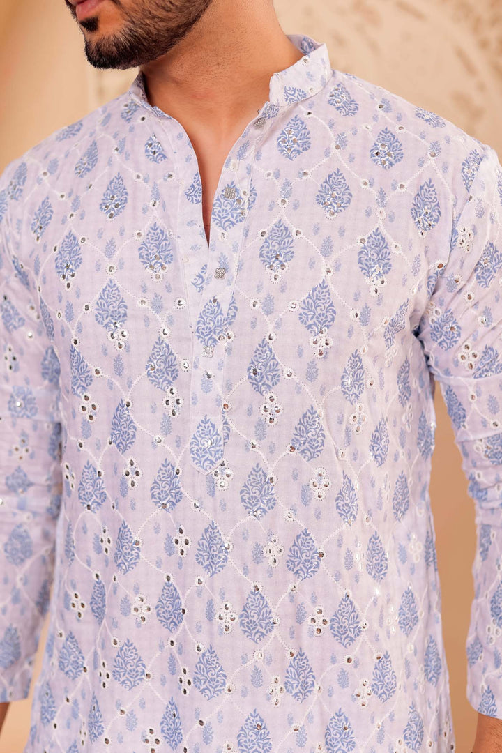 White-Blue Soft Silk Mens Kurta Suit with Mirror Work.