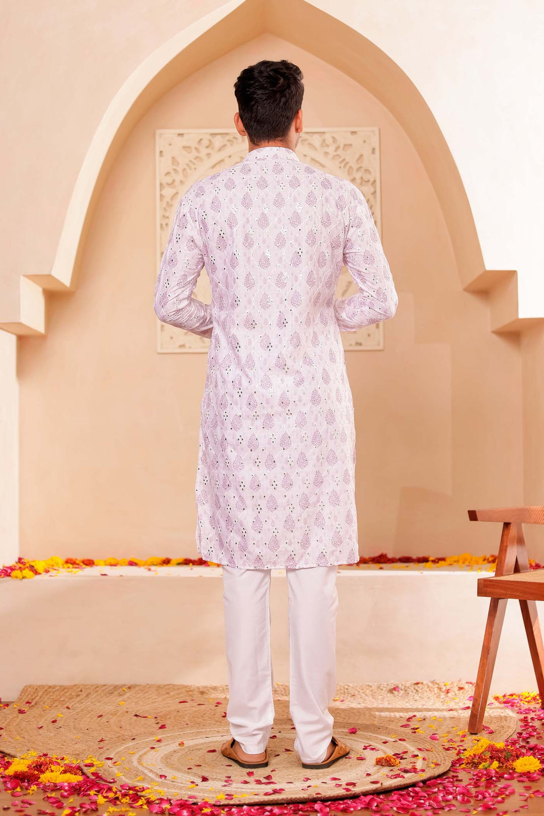 White-Lilac Soft Silk Mens Kurta Suit with Mirror Work.