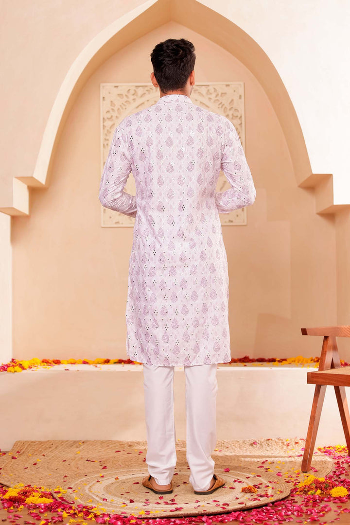 White-Lilac Soft Silk Mens Kurta Suit with Mirror Work.