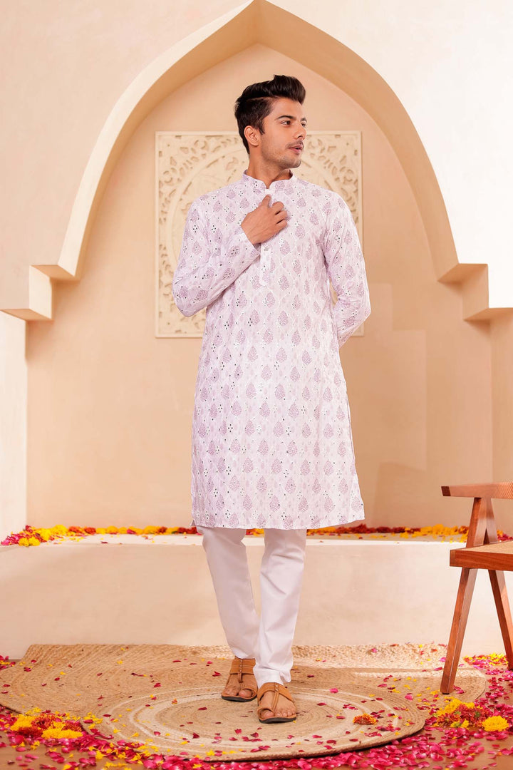 White-Lilac Soft Silk Mens Kurta Suit with Mirror Work.