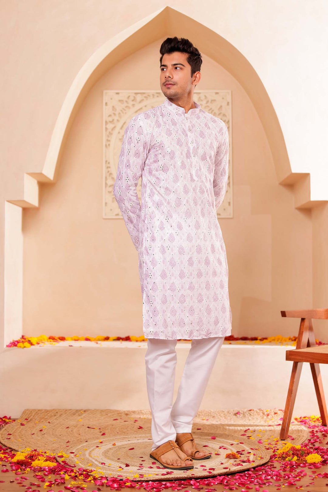 White-Lilac Soft Silk Mens Kurta Suit with Mirror Work.