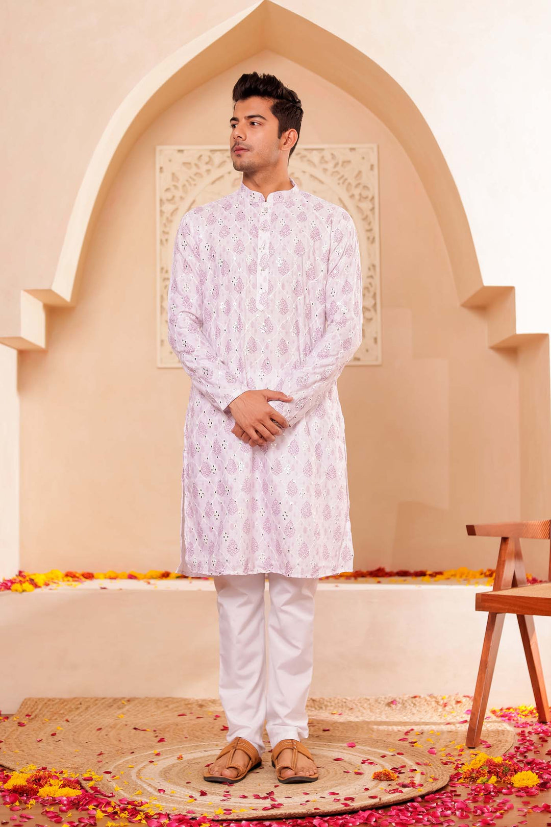 White-Lilac Soft Silk Mens Kurta Suit with Mirror Work.
