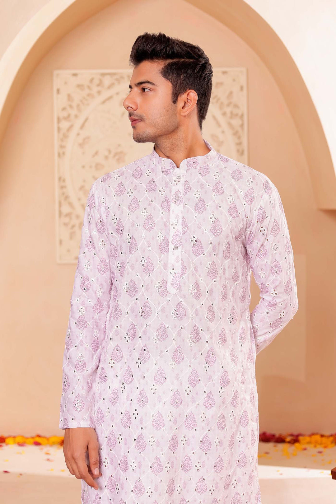 White-Lilac Soft Silk Mens Kurta Suit with Mirror Work.