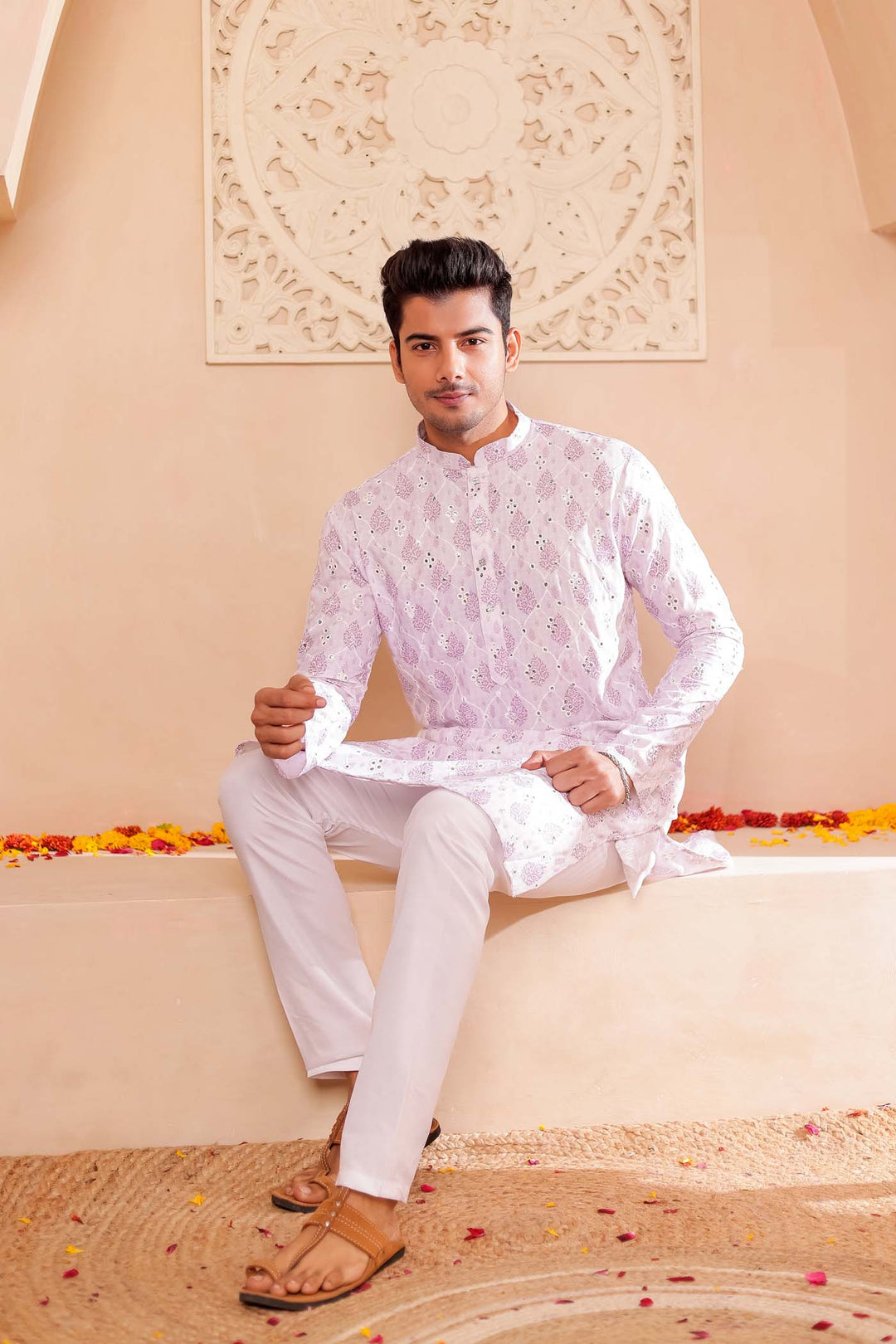 White-Lilac Soft Silk Mens Kurta Suit with Mirror Work.