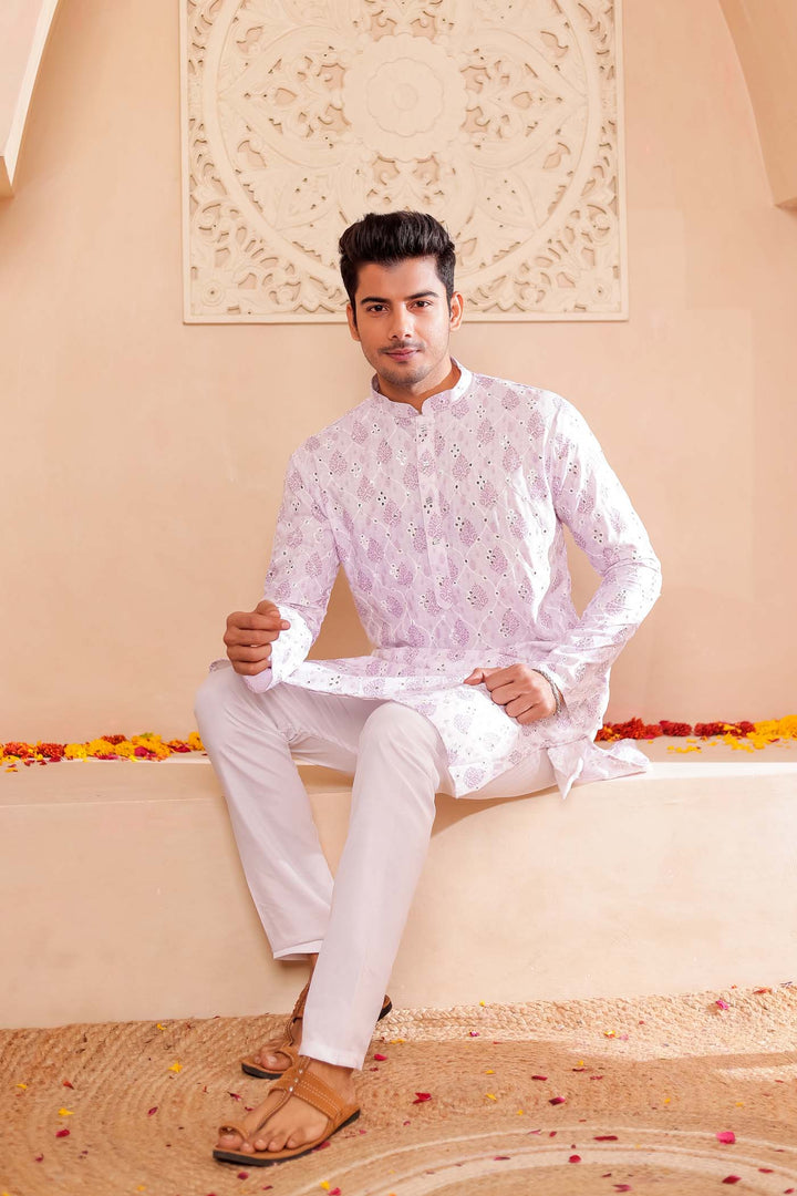 White-Lilac Soft Silk Mens Kurta Suit with Mirror Work.