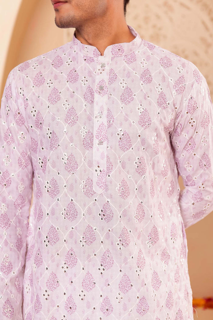 White-Lilac Soft Silk Mens Kurta Suit with Mirror Work.