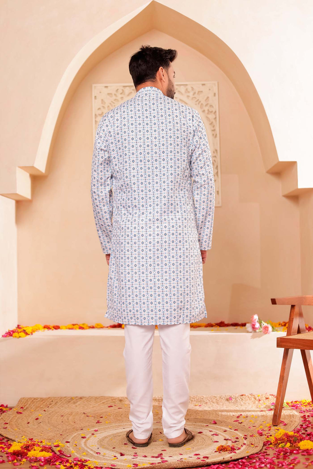 White Blue Print Silk Kurta Suit.