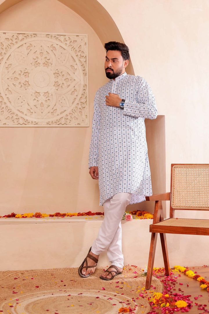 White Blue Print Silk Kurta Suit.