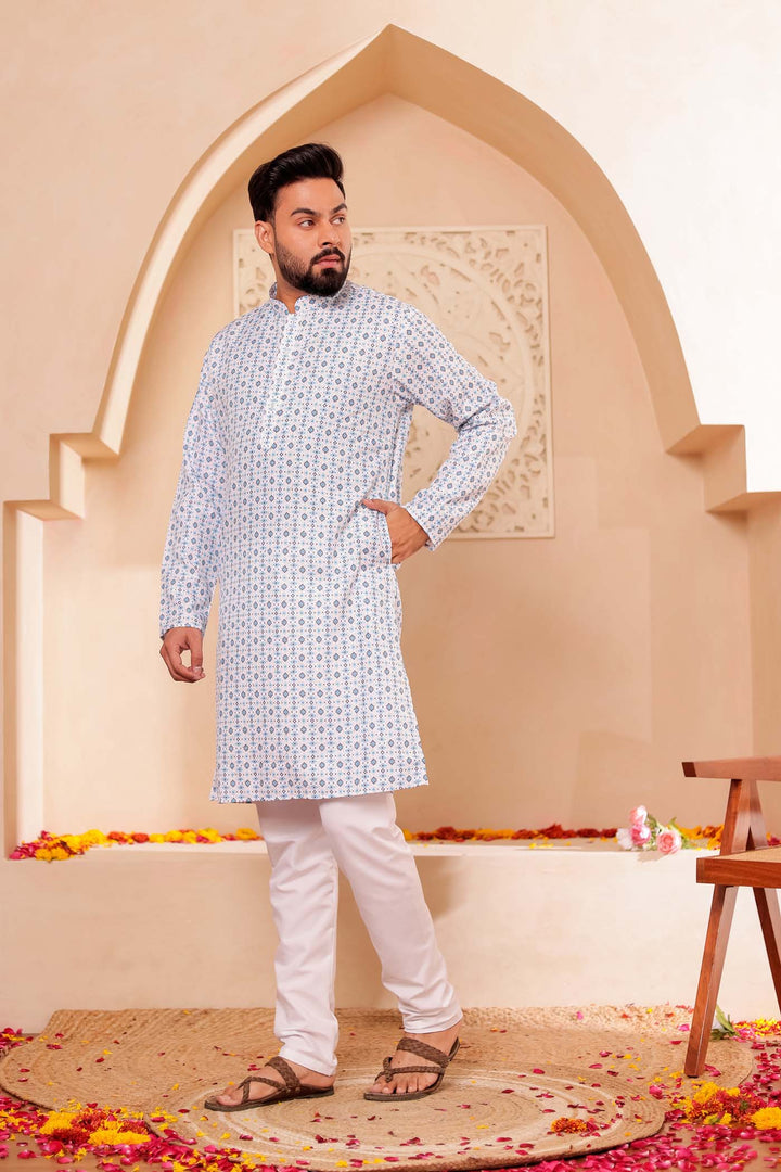 White Blue Print Silk Kurta Suit.