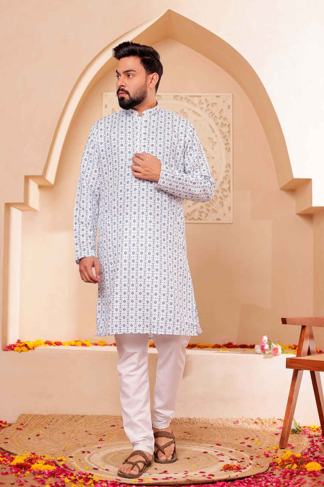 White Blue Print Silk Kurta Suit.
