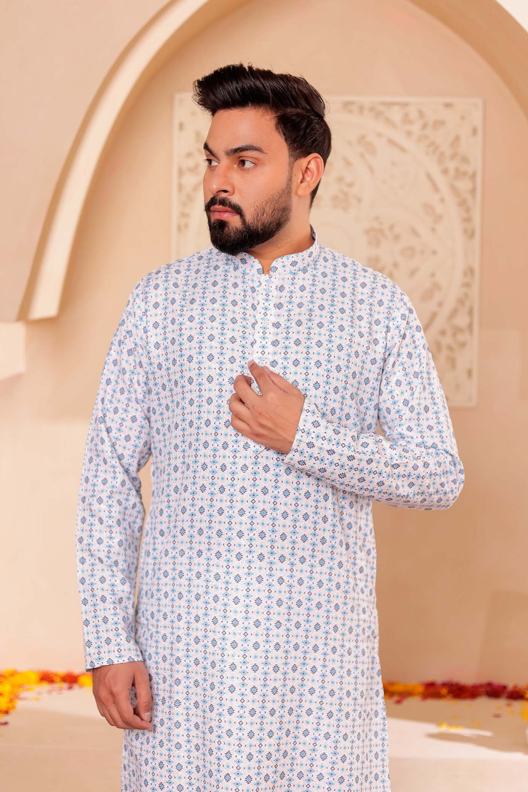 White Blue Print Silk Kurta Suit.
