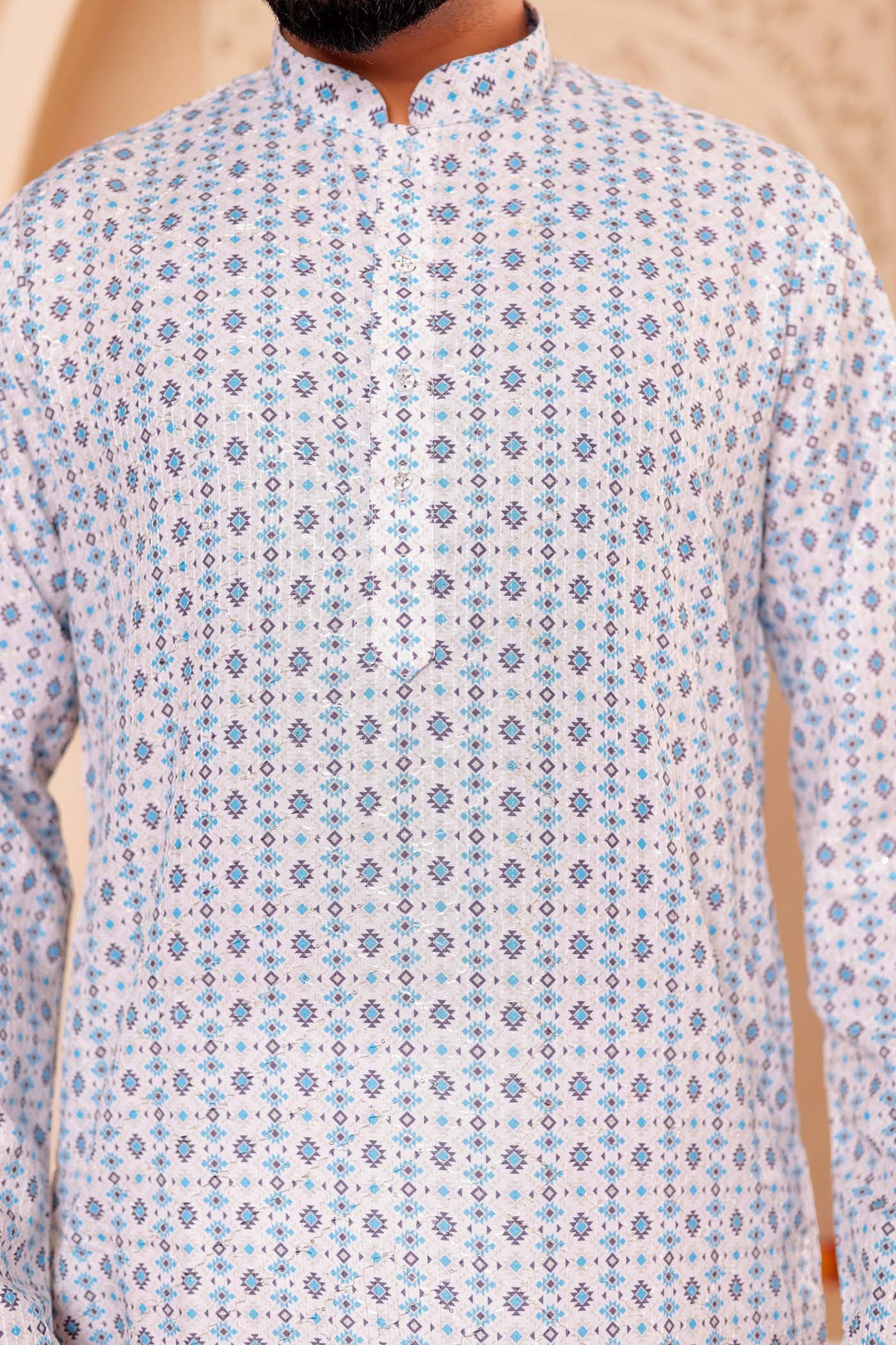 White Blue Print Silk Kurta Suit.