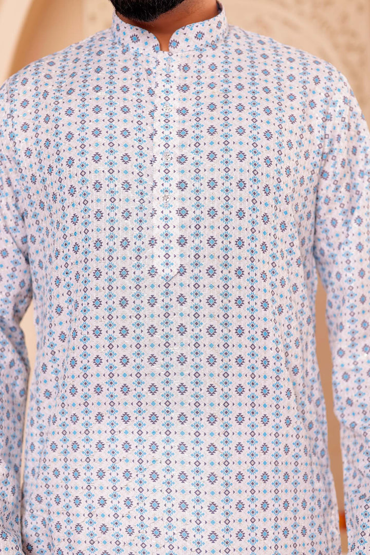 White Blue Print Silk Kurta Suit.