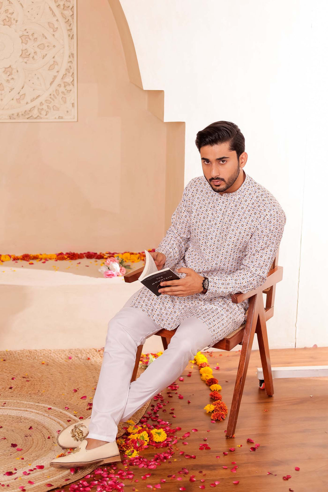 White Yellow Print Silk Kurta Suit.