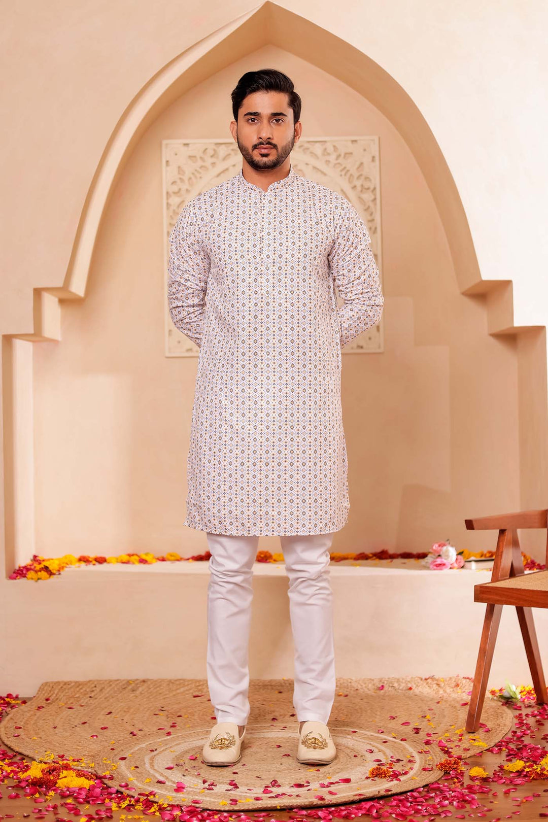 White Yellow Print Silk Kurta Suit.
