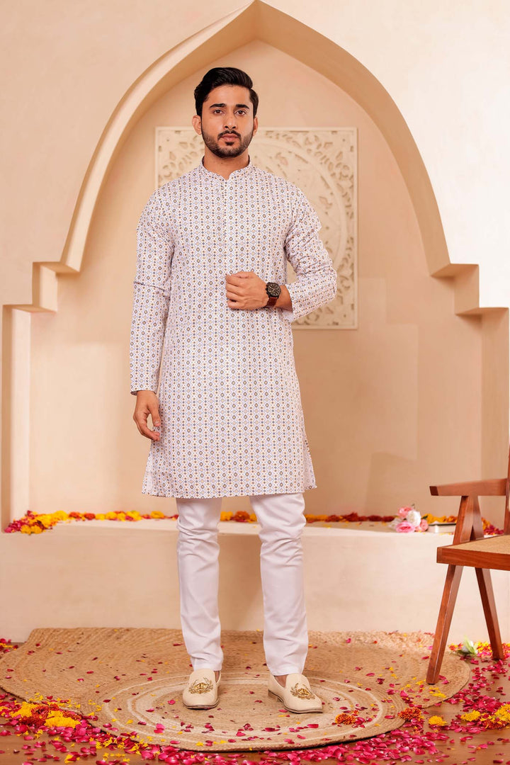 White Yellow Print Silk Kurta Suit.