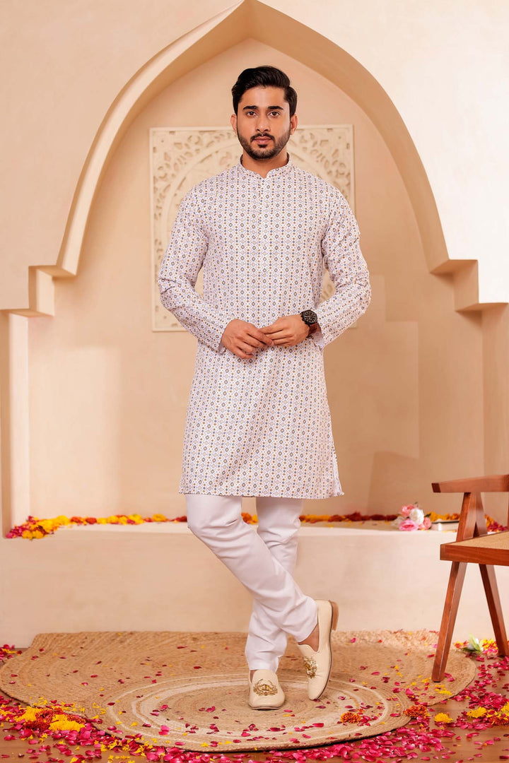 White Yellow Print Silk Kurta Suit.