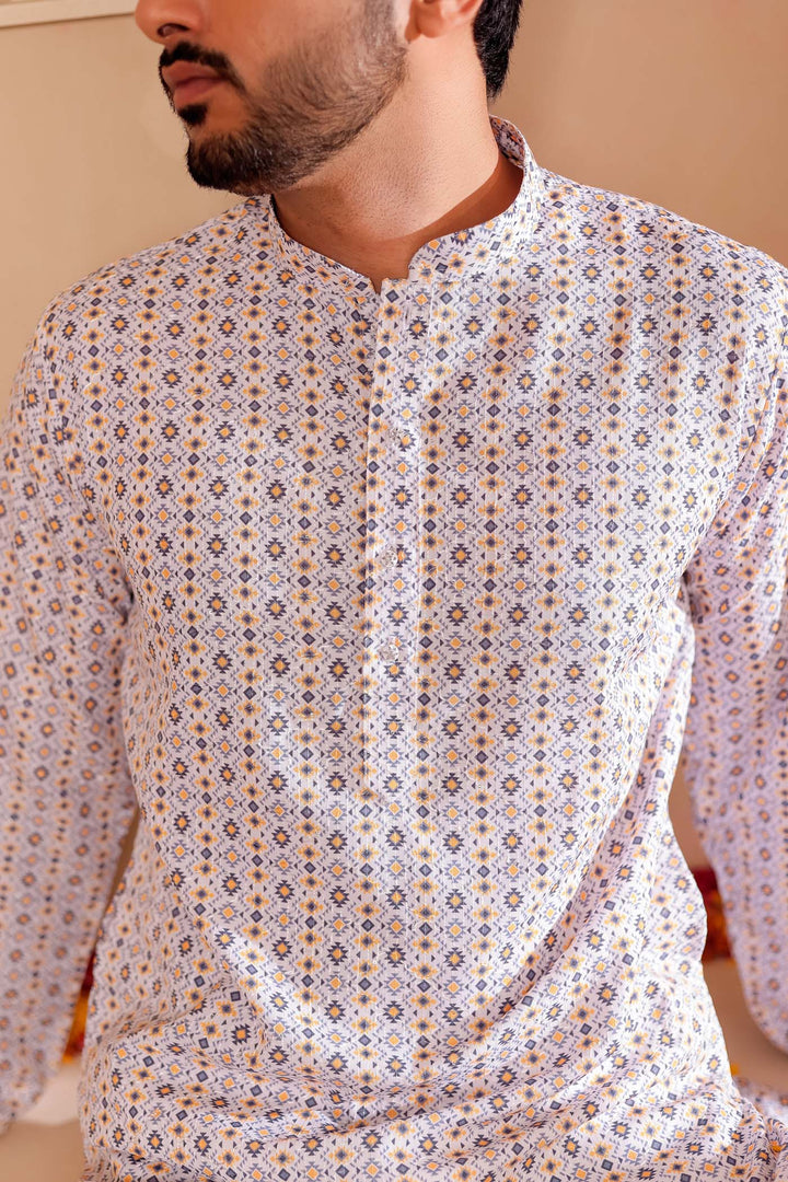 White Yellow Print Silk Kurta Suit.