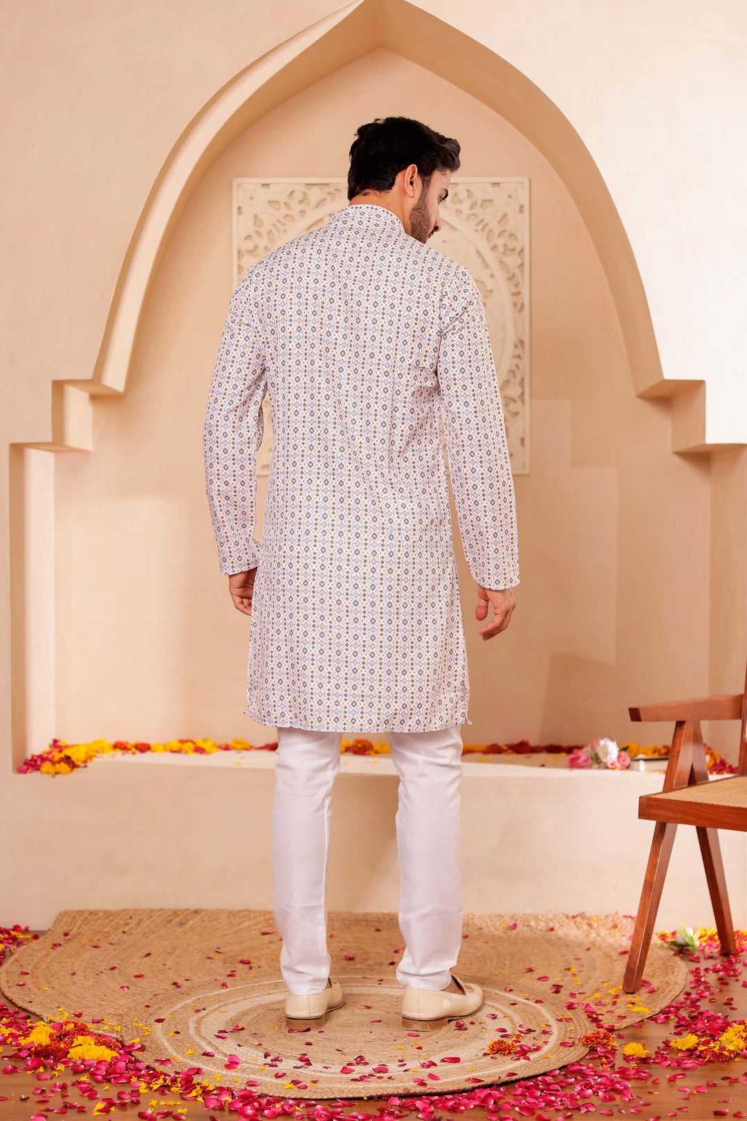White Yellow Print Silk Kurta Suit.