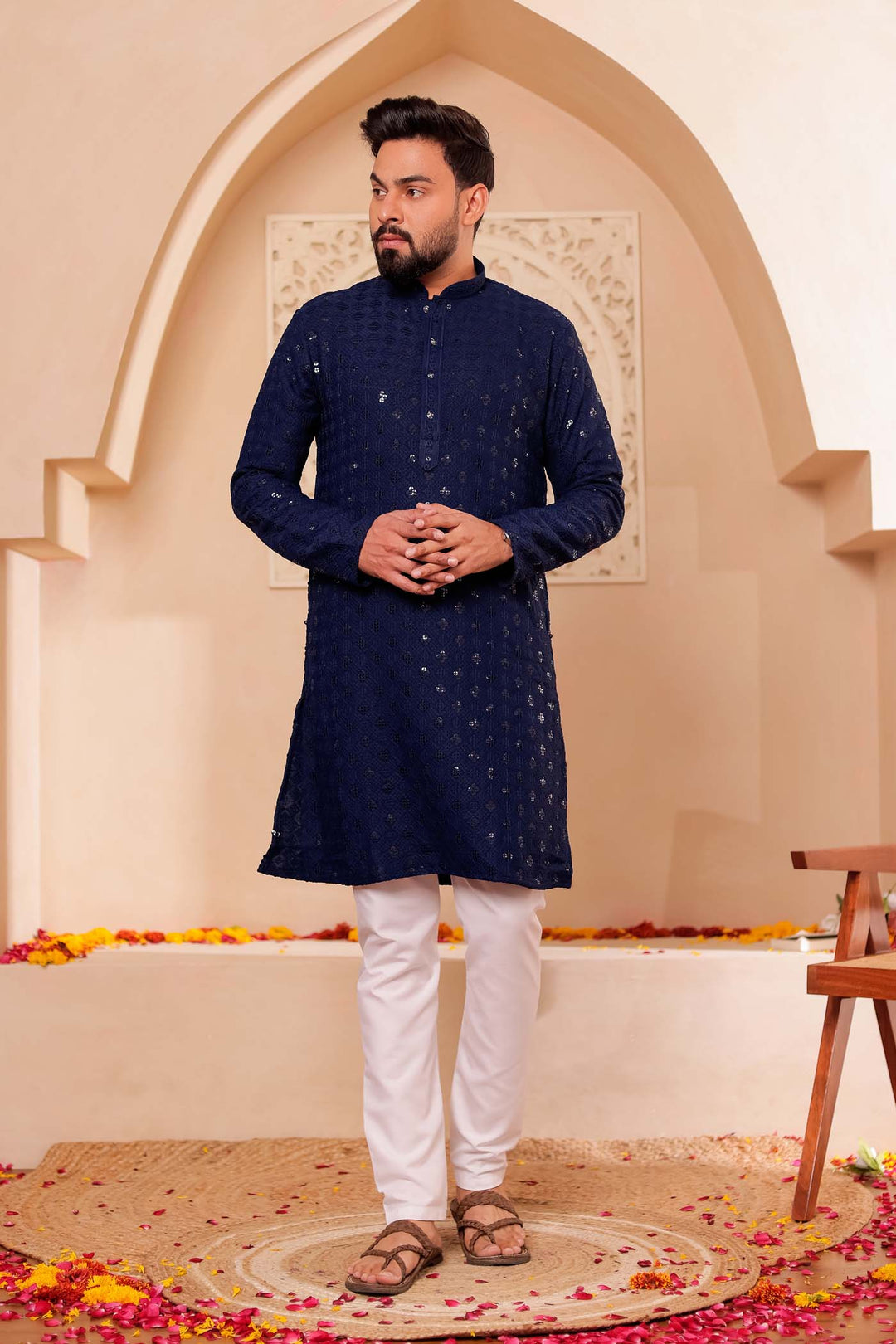 Navy Blue Chikankari Embroidered Kurta Suit.