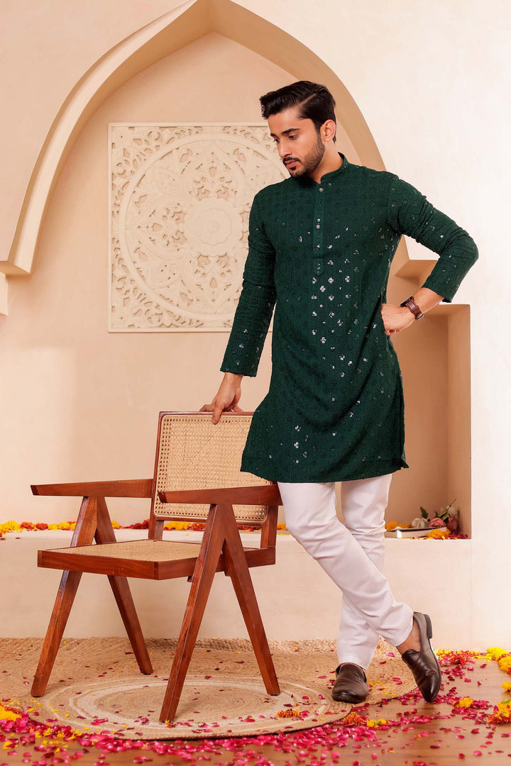 Bottle Green Chikankari Embroidered Kurta Suit.