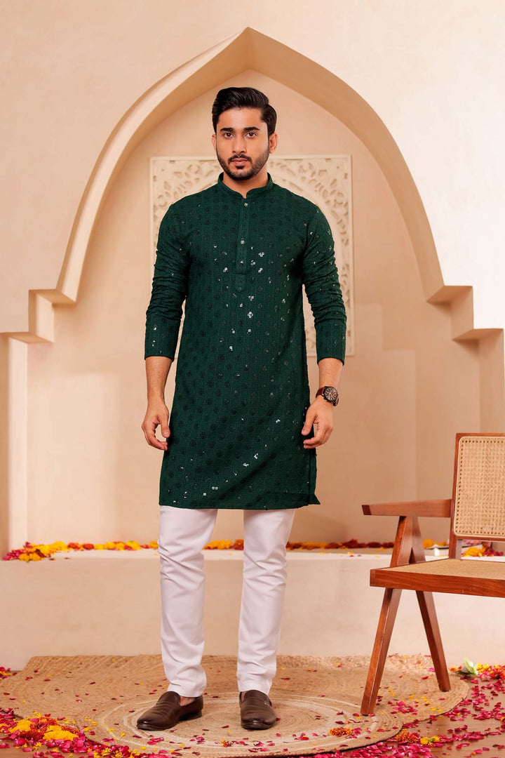 Bottle Green Chikankari Embroidered Kurta Suit.