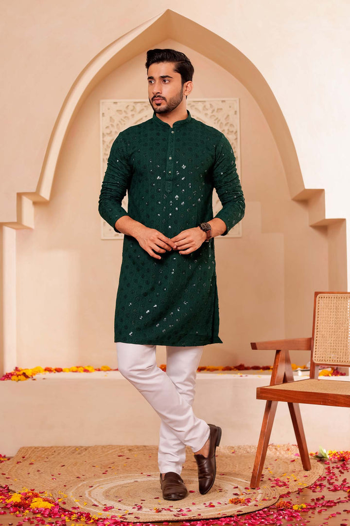 Bottle Green Chikankari Embroidered Kurta Suit.
