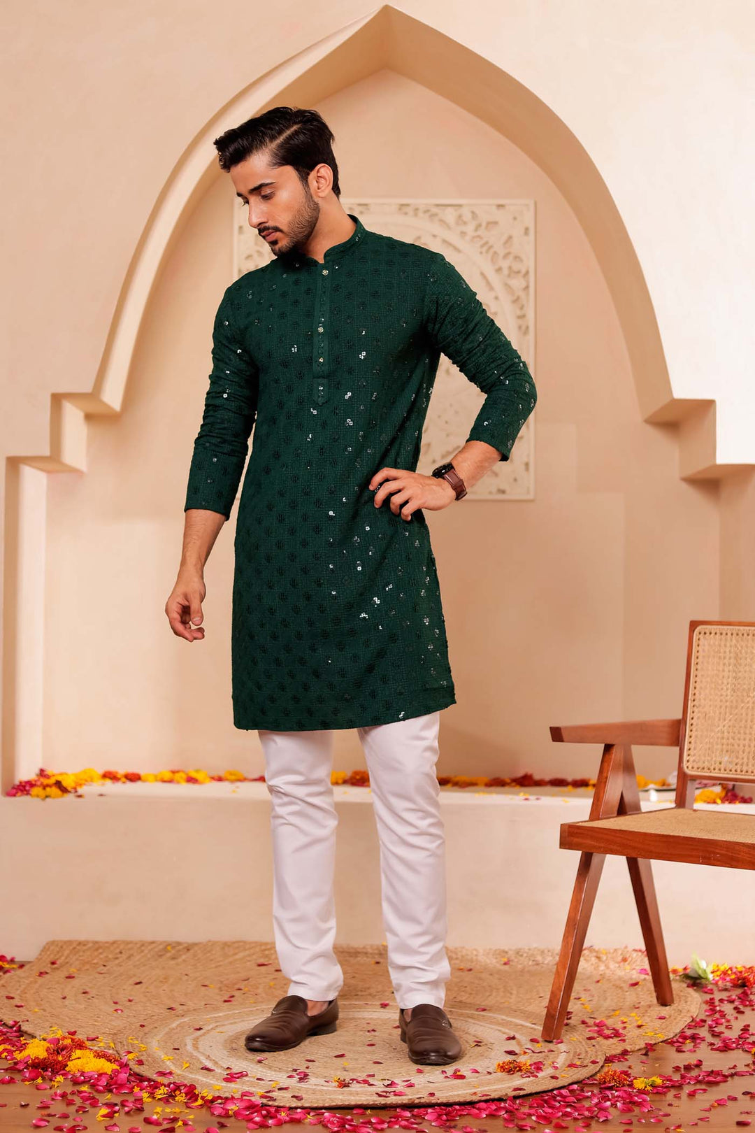 Bottle Green Chikankari Embroidered Kurta Suit.