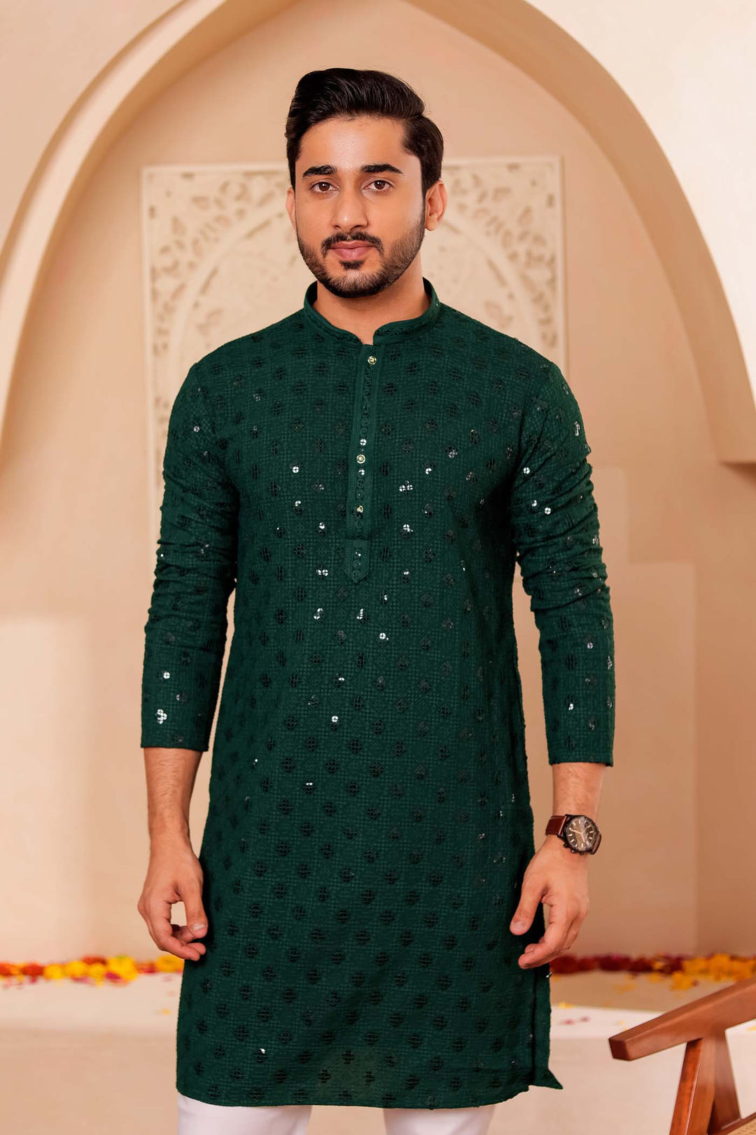 Bottle Green Chikankari Embroidered Kurta Suit.