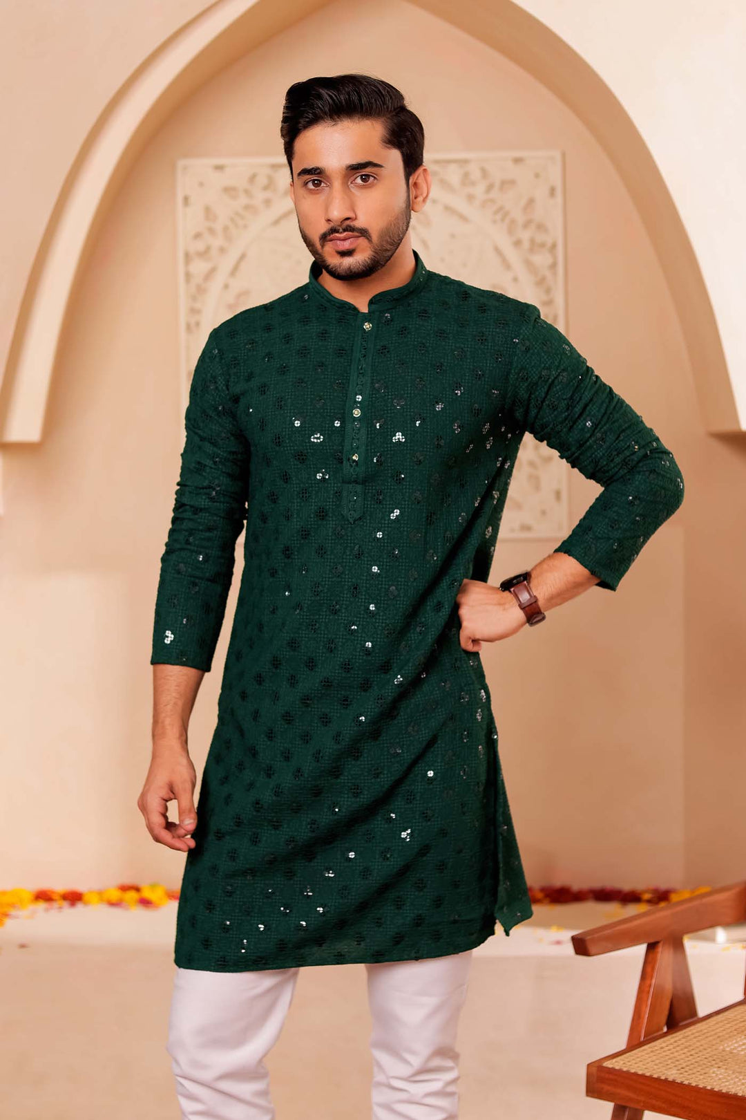 Bottle Green Chikankari Embroidered Kurta Suit.