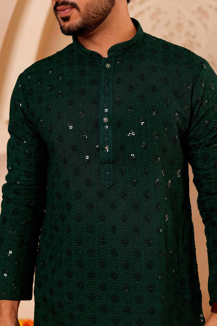 Bottle Green Chikankari Embroidered Kurta Suit.