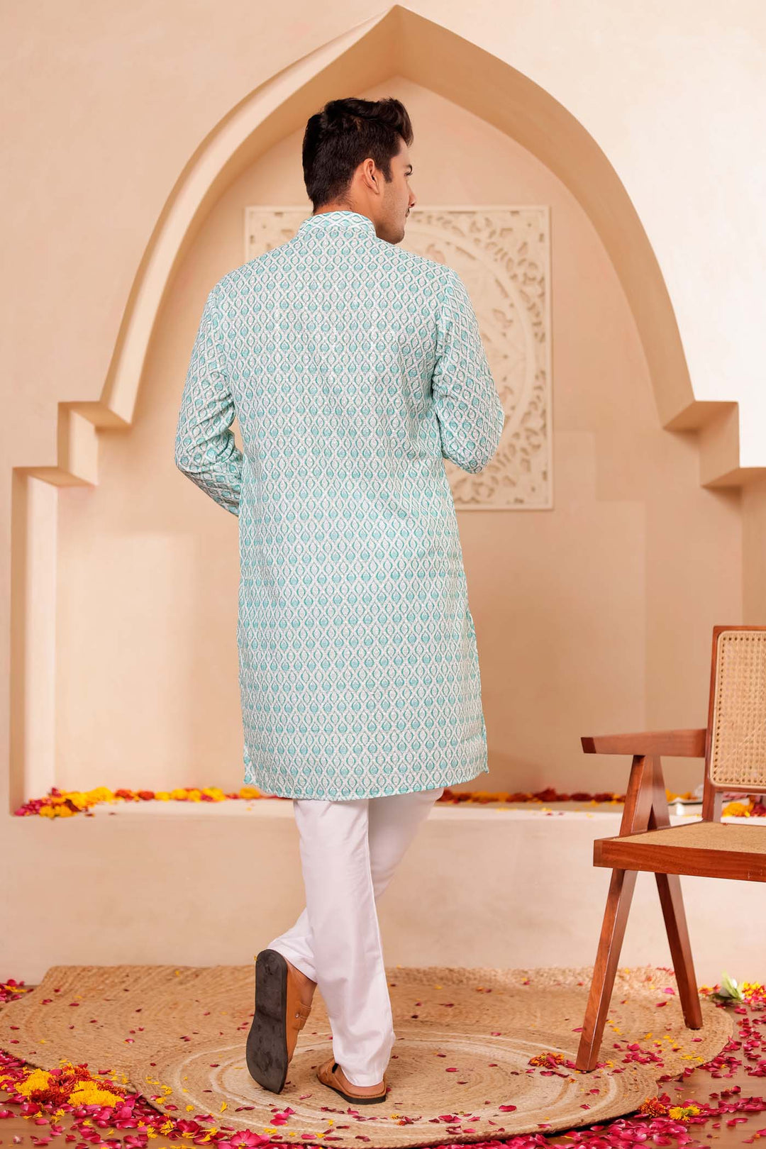 Sea Green Lucknowi Digital Print Kurta Suit with Sequin work all over.