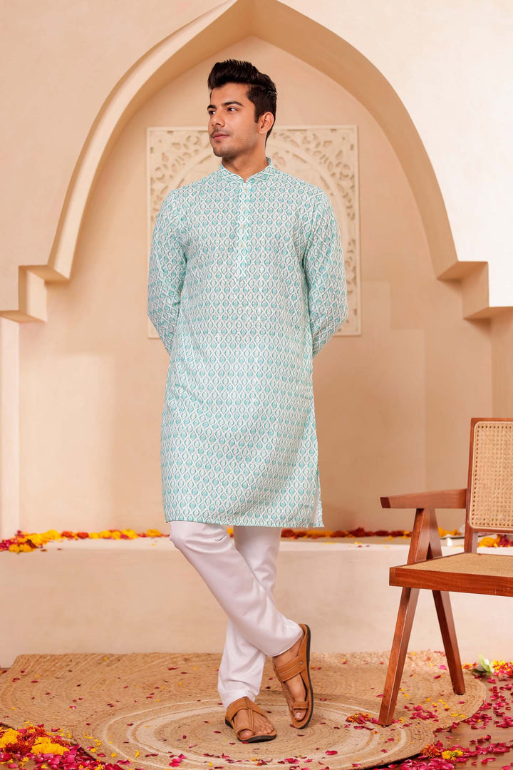 Sea Green Lucknowi Digital Print Kurta Suit with Sequin work all over.