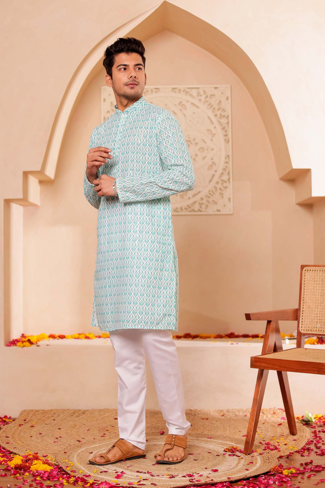 Sea Green Lucknowi Digital Print Kurta Suit with Sequin work all over.
