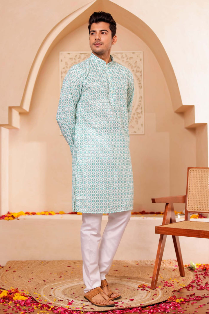 Sea Green Lucknowi Digital Print Kurta Suit with Sequin work all over.
