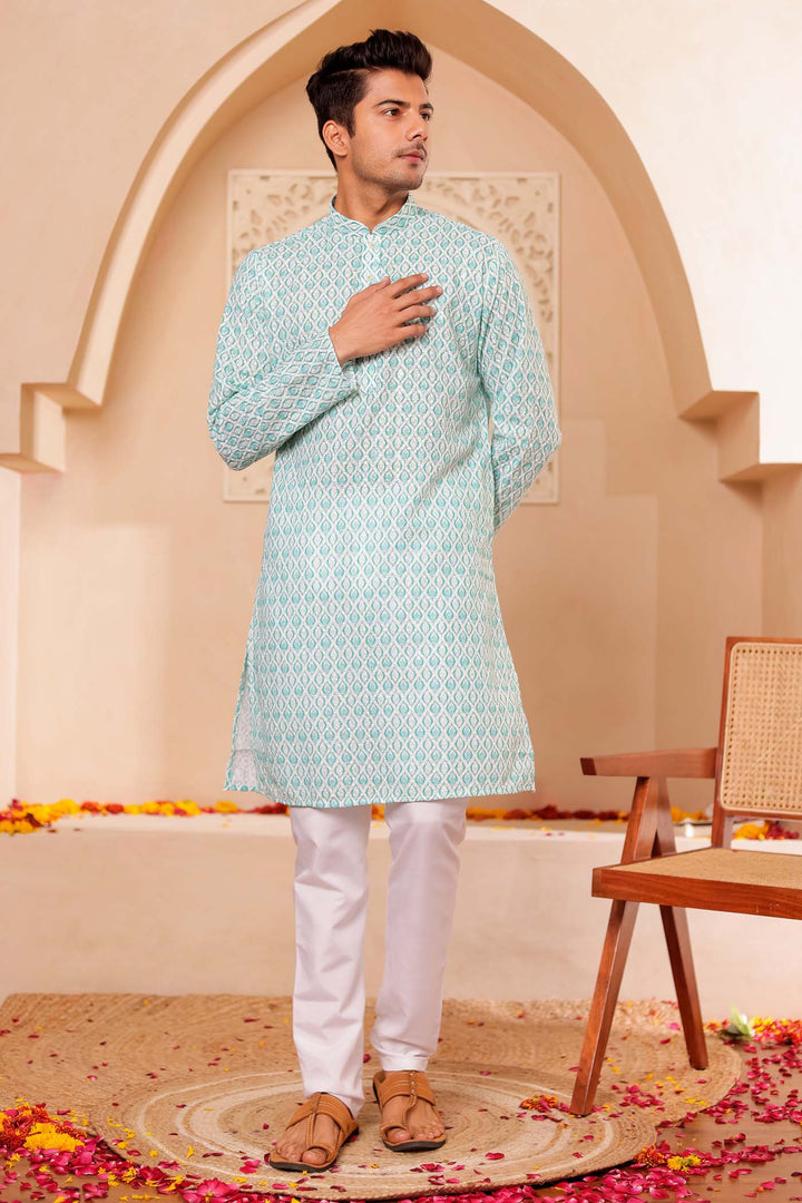 Sea Green Lucknowi Digital Print Kurta Suit with Sequin work all over.