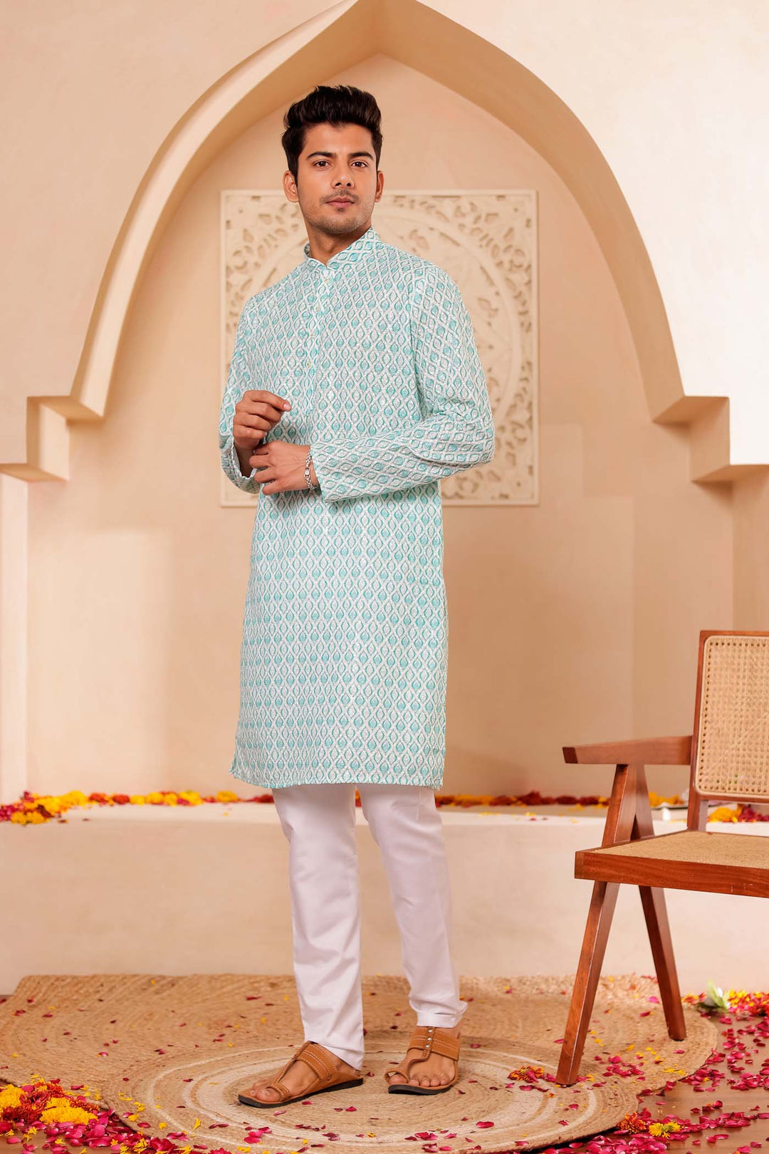 Sea Green Lucknowi Digital Print Kurta Suit with Sequin work all over.