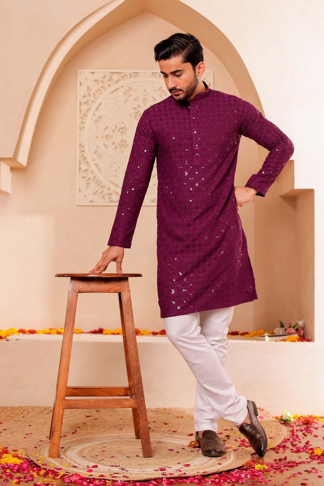 Wine Chikankari Embroidered Kurta Suit.