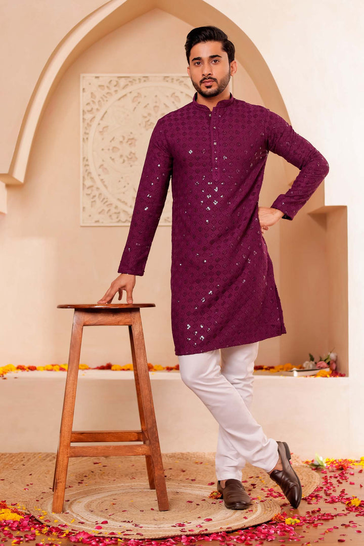 Wine Chikankari Embroidered Kurta Suit.