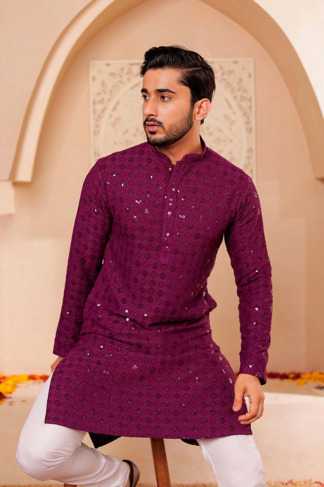 Wine Chikankari Embroidered Kurta Suit.