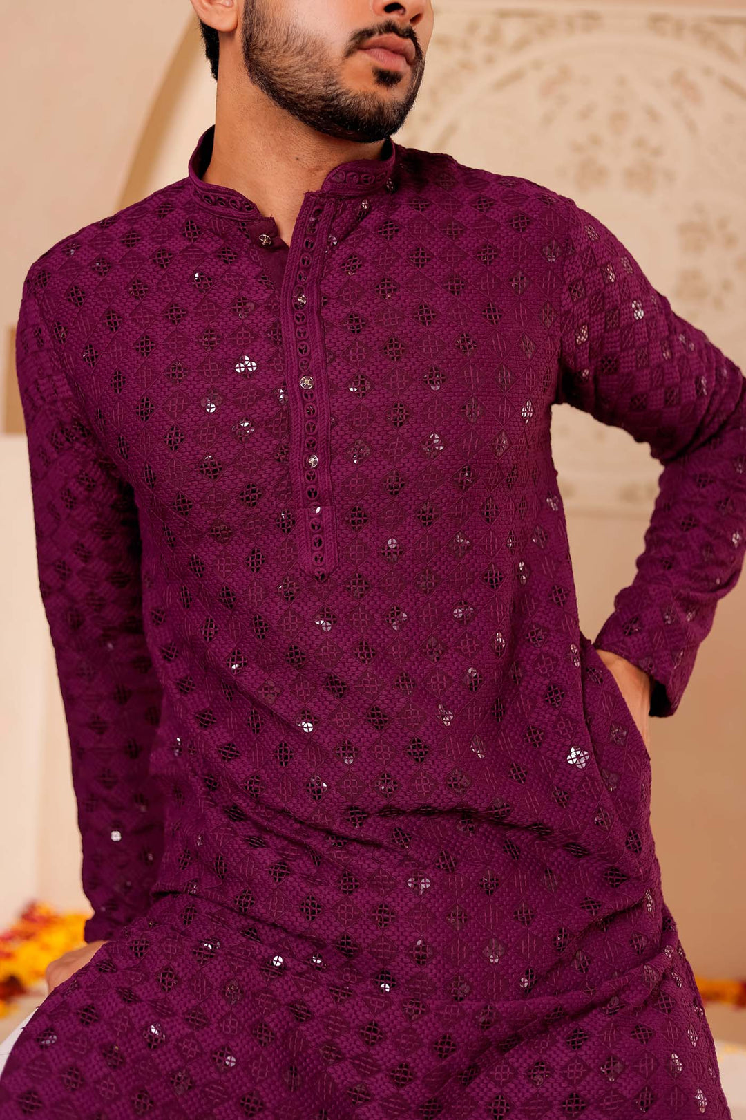 Wine Chikankari Embroidered Kurta Suit.