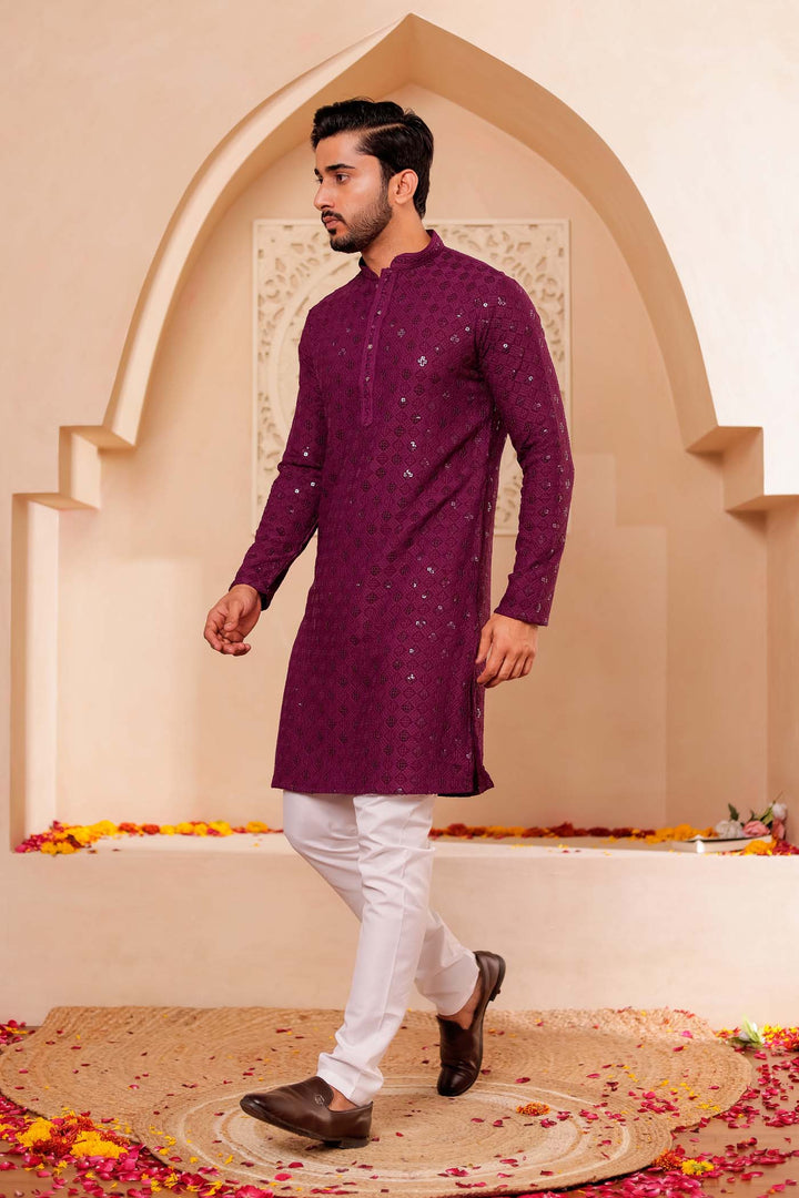 Wine Chikankari Embroidered Kurta Suit.